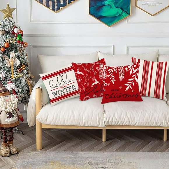 Christmas Pillow Covers Red Holiday Decor Decorative Cases Xmas Decorations 18in - Picture 4 of 6